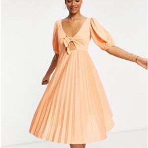 ASOS Orange Pleated Front Tie Puff Sleeve Midi Dress - worn once!